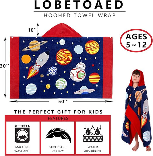 Kids Hooded Beach Bath Towel, Baby Surf Poncho Toddlers Soft Real Cotton Wrap Hooded Towels for Kids Boy Girl