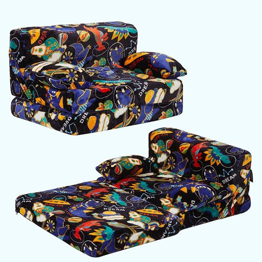 Weighted Idea 2-in-1 Kids Sofa Couch Fold Out for Girls and Boys, Folding Toddler Chairs Comfy Children Couch Baby Recliner, Convertible Sofa to Lounger(Blue Dinosaur, 23.5x18x16 inches)