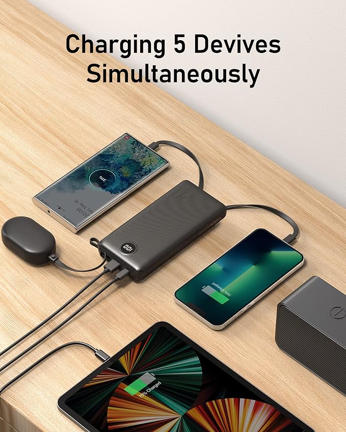 VEEKTOMX Power Bank with Built in Cables 20000mAh, Portable Charger for iPhone, USB C LED Display External Battery iPhone Charger Compatible with iPhone, iPad, Samsung and Android Devices for Travel