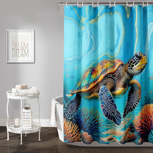AILONEN Kawaii Sea Turtle Shower Curtain,3D Ocean Animal Themed Bath Curtain Cloth Fabric Bathroom 72" W*84" H Inch,12 Pack Hooks for Kids Child,Colorful Marble Style Bathroom Curtain