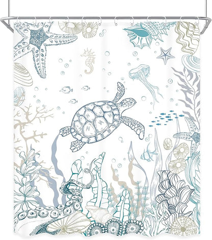 Nautical Coastal Sea Turtle Shower Curtain Ocean Beach Starfish Seashell Coral Underwater Animal Octopus Sealife Summer 60Wx72L Inch Bathroom Set Bath Curtain Bathtub Accessories Home Decor