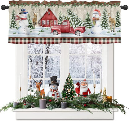 Vandarllin Christmas Valance Kitchen Curtains for Windows, Farm Red Truck Rod Pocket Valances Window Treatments Winter Holiday Snowman Short Curtains for Bedroom/Living Room, 54" X 18" -1 Panel