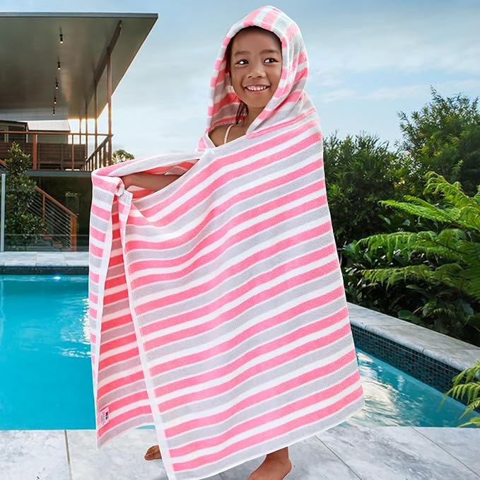 VOOVA & MOVAS Hooded Towels for Kids - 100% Cotton (3-10Years) - Quick Dry Absorbent Lightweight Towel for Pool | Swim | Beach | Bath, Girls Wrap Towel with Hood, Pink Gray Stripe