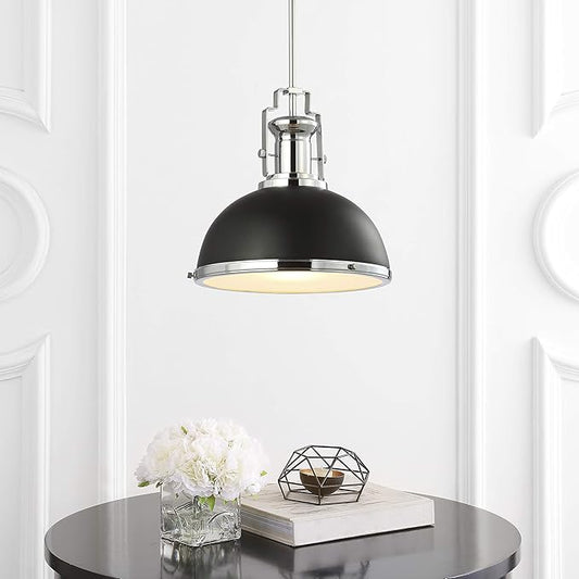 JONATHAN Y JYL9536B Homer 13" Adjustable Iron/Glass Vintage LED Kitchen Pendant for Living Room Bedroom, Classic Cottage, Black/Chrome