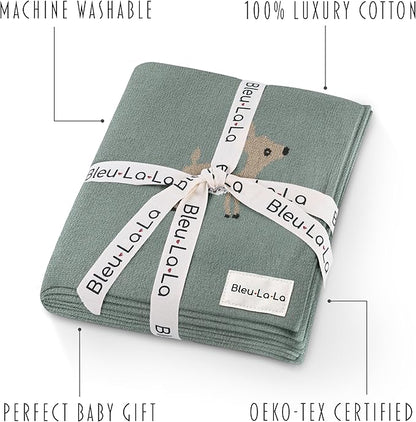 Soft Baby Swaddle Receiving Blanket - 100% Cotton Knit Soft Cozy Receiving Swaddling Crib Stroller Quilt Blanket for Shower Gift Registry for Newborns, Infants, Toddlers (Deer - Sage)