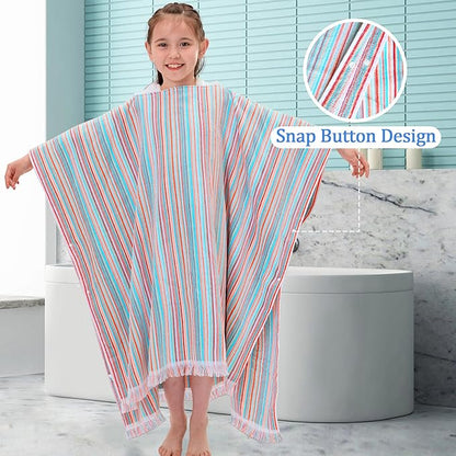 VOOVA & MOVAS Hooded Beach Towel for Big Kids | Large (8-16Years) Soft and Absorbent Cotton Poncho Towel Robe for Pool, Swim, and Bath, Rainbow