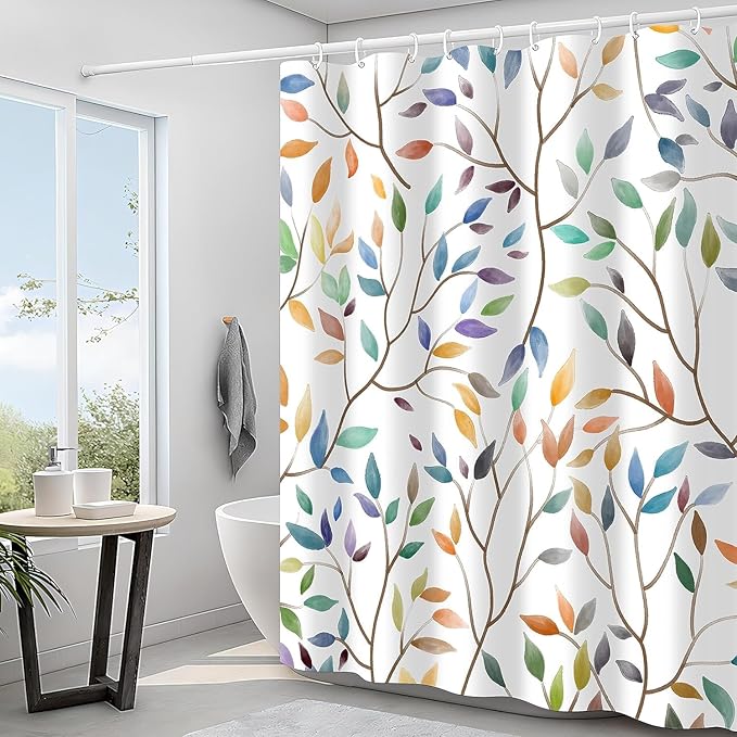 Boho Floral Shower Curtain, Spring Colorful Botanical Flower Leaves Bohemian Fabric Shower Curtain Set with 12 Hooks, Bathroom Bathtub Accessories Decor Cloth Curtain 60x72 Inches