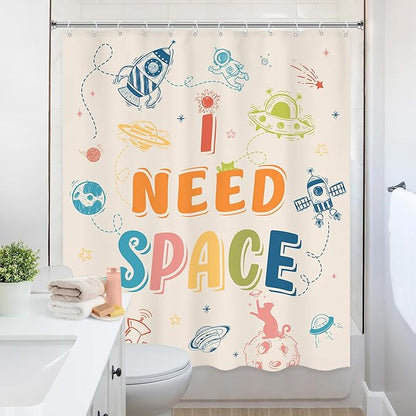 Kids Shower Curtain 60Wx72L Inch Funny Space Quotes Toddler Planet Cartoon Cute Universe Galaxy Boys Girls Nursery Colorful Bathroom Set Bath Curtain Bathtub Accessories Home Decor