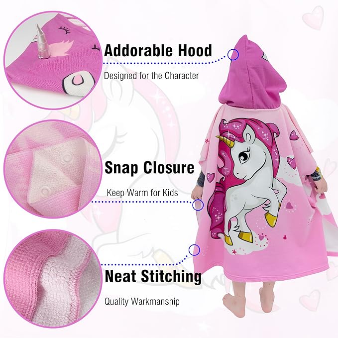 Hooded Kids Beach Towels - Toddler Bath Towel Girls Boys Swim Cover-ups for Ages 4 to 10 Kids Pool Towels Quick Dry Lightweight Soft Microfiber Poncho 30x30 with Bag (Pink Unicorn)