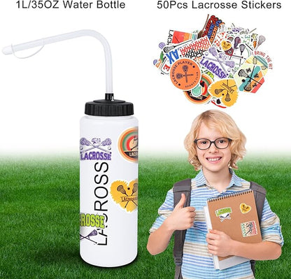 Lacrosse Gifts for Boys Gifts,Lacrosse Water Bottle with Long Straw and 50PCS Stickers Accessories Stuff for Player Lovers(1L,BPA,Squeeze)