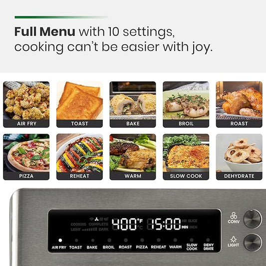 Infrared Heating Air Fryer Toaster Oven, Extra Large Countertop Convection Oven 10-in-1 Combo, 6-Slice Toast, Enamel Baking Pan Easy Clean with Recipe Book, Black Matte Stainless Steel