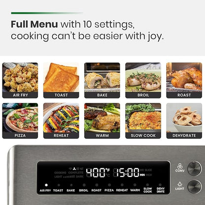 Infrared Heating Air Fryer Toaster Oven, Extra Large Countertop Convection Oven 10-in-1 Combo, 6-Slice Toast, Enamel Baking Pan Easy Clean with Recipe Book, Black Matte Stainless Steel