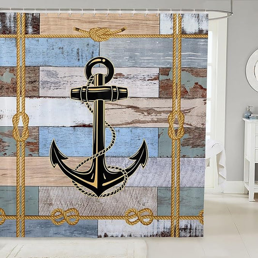 Feelyou Anchor Nautical Shower Curtain Vintage Plank Blue Brown Fabric Shower Curtain for Kids Ocean Themed Bathroom Waterproof Accessories with 12 Hooks Geometric Stripe Curtains,72X72 Inches