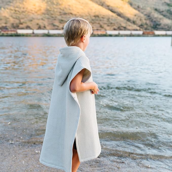 Hooded Towel for Babies + Toddlers | Snaps into a Poncho | Organic Cotton Waffle | Lighweight and Absorbent | Bath, Beach, and Pool | Multiple Colors (Small (0-3 Yrs), Fog)