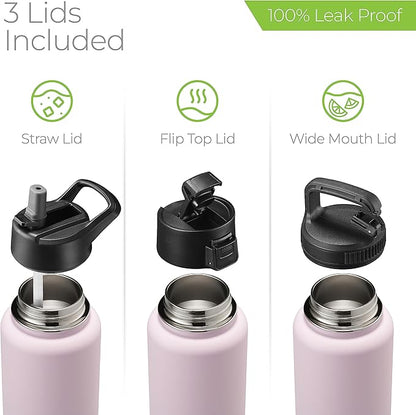 SipX™ Triple-Insulated Stainless Steel Water Bottle 32oz. With 3 Lids, BPA-Free Reusable Insulated Water Bottle Keeps Cold 24 Hours, Metal Water Bottle Made Of Sustainable Material For Hiking & Biking