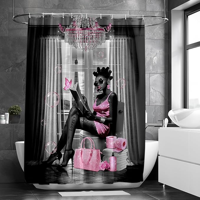 African American Shower Curtain Fashion Black Girl Shower Curtains for Bathroom Decor Grey Pink Waterproof Polyester Fabric Afro Black Women Bathroom Curtain with Hooks 55x72 Inch