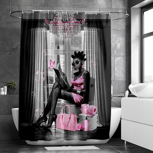 African American Shower Curtain Fashion Black Girl Shower Curtains for Bathroom Decor Grey Pink Waterproof Polyester Fabric Afro Black Women Bathroom Curtain with Hooks 55x72 Inch