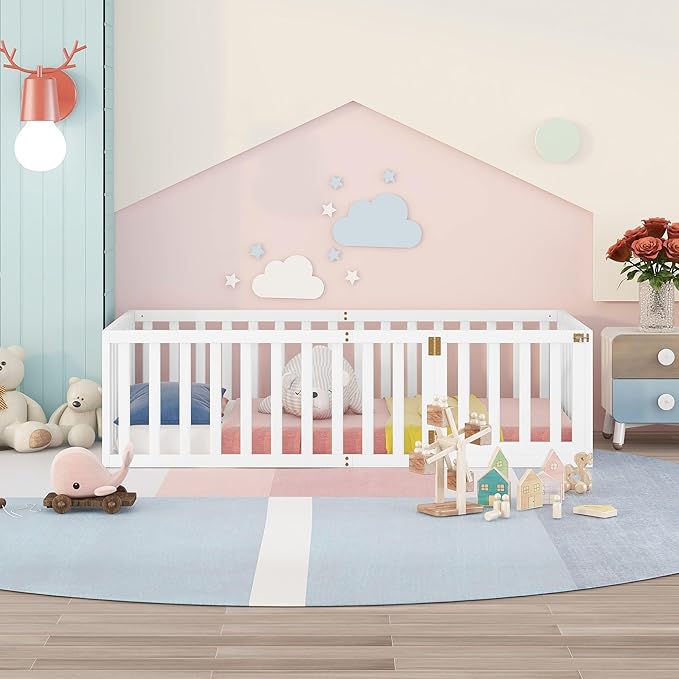 Twin Size Floor Bedframe with Door and Safety Guardrails Fence, Solid Wooden Toddler Montessori Platform Bed for Children Bedroom, Boys Girls, Kids Playroom
