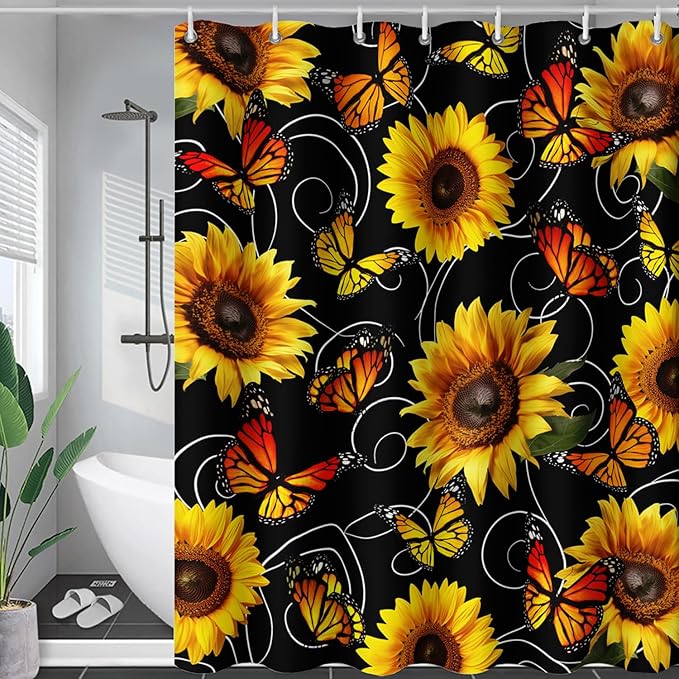 AILONEN Yellow Sunflower and Butterfly Shower Curtain,Garden Flower Black Bath Curtain,Modern Botanical Floral Waterproof Shower Curtain, 72" W x 72" H