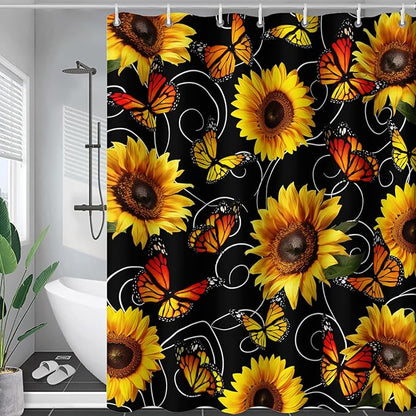 AILONEN Yellow Sunflower and Butterfly Shower Curtain,Garden Flower Black Bath Curtain,Modern Botanical Floral Waterproof Shower Curtain, 72" W x 72" H