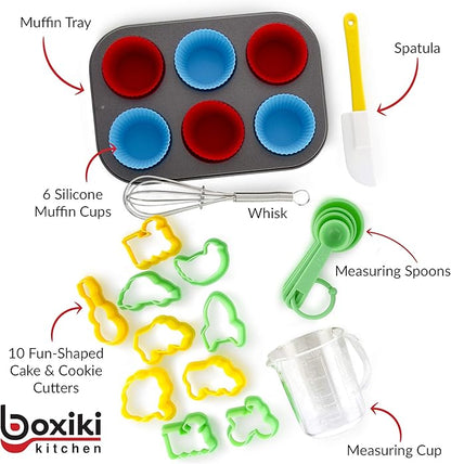 Boxiki Kitchen 24 PCS Kids Baking Set Includes 1 Muffin Pan, 6 Silicone Cupcake Liners, 10 Cookie Cutters, Spatula, Egg Whisk, Mini Measuring Cup and 4 Measuring Spoons.