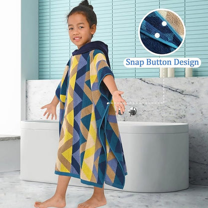 VOOVA & MOVAS Hooded Bath Towel for Kids (4-8Years) - Thick 500GSM,Soft, Absorbent, 100% Cotton Swim Towel, Perfect for Bathroom | Pool | Swim, Jacquard,Blue