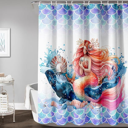 AILONEN Mermaid Shower Curtain,Watercolor Whale and Mermaid Bath Curtain,Beautiful Mermaid Princess Shower Curtain Ocean Fish Scale Print Curtain Waterproof with 12 Plastic Hooks, 72" W*96" H