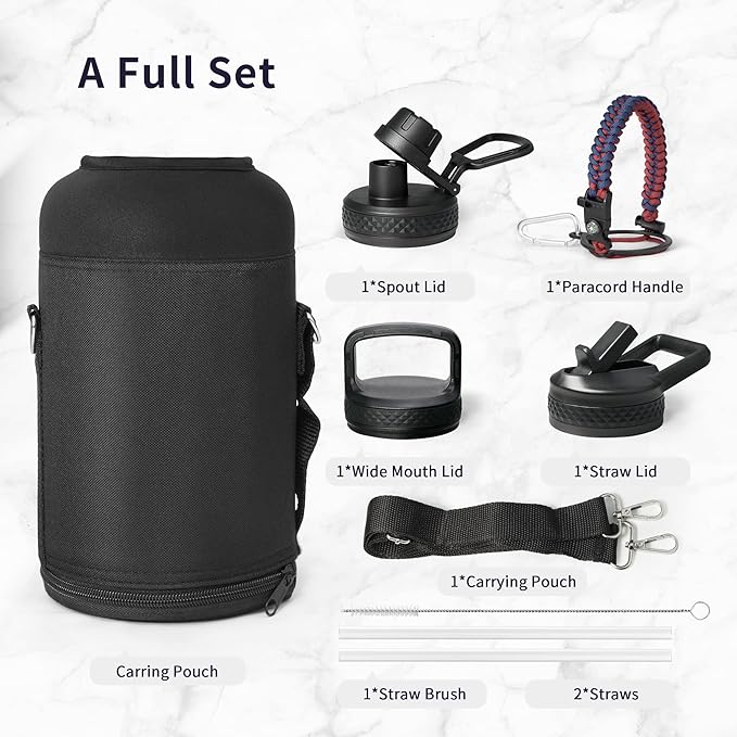Trebo Half Gallon Water Bottle with Paracord Handle 64oz Wide Mouth Insulated Double Wall Stainless Steel Large Sports Flask Keep Hot 24 Hours & Cold 48 Hours Water Jug with 3 Lids Ombre: Ruby Red