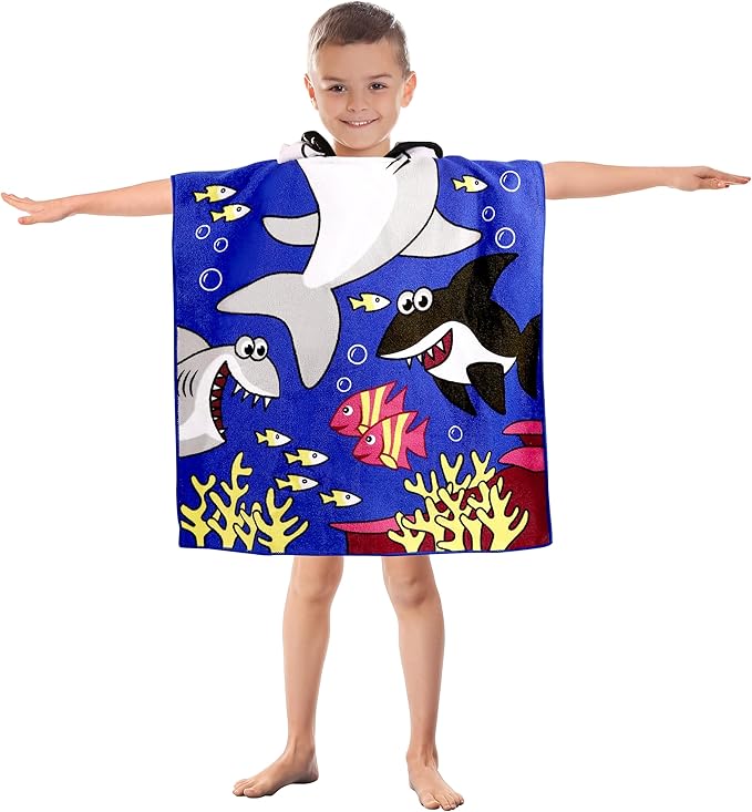 Kids Shark Hooded Beach Towel Boys Cute Poncho Pool Beach Towels with Hood 24*47 in Soft Microfiber Swim Cover-ups for Kids Ages 3-10 Thick Absorbent Cotton Hooded Bath Towel Wrap Bathrobe