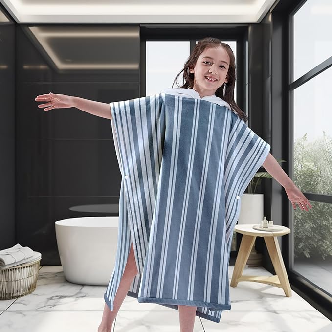 VOOVA & MOVAS Hooded Beach Towels for Boys| Girls | Teens (8-16Years), 100% Cotton Thick Poncho Towel Robe for Kids, Perfect for Pool, Beach, Bath and Gifts, Grey Cabana Stripe Design