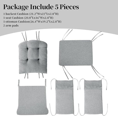 HOMBYS 5 PCS Glider Rocker Replacement Cushions with Storage Side Pocket,Linen-Like Fabric, Foam & Microfiber Filling, Non-Slip & Washable,Thickened & Supportive for Glider Rocking Chair, Grey