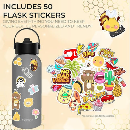 Sports Water Bottle - 32 Oz, 3 Lids (With straw), 50 Cute Stickers, Vacuum Insulated, 308 Stainless Steel, with a Portion of Sales Supporting Bee Conservation Efforts (Gray)