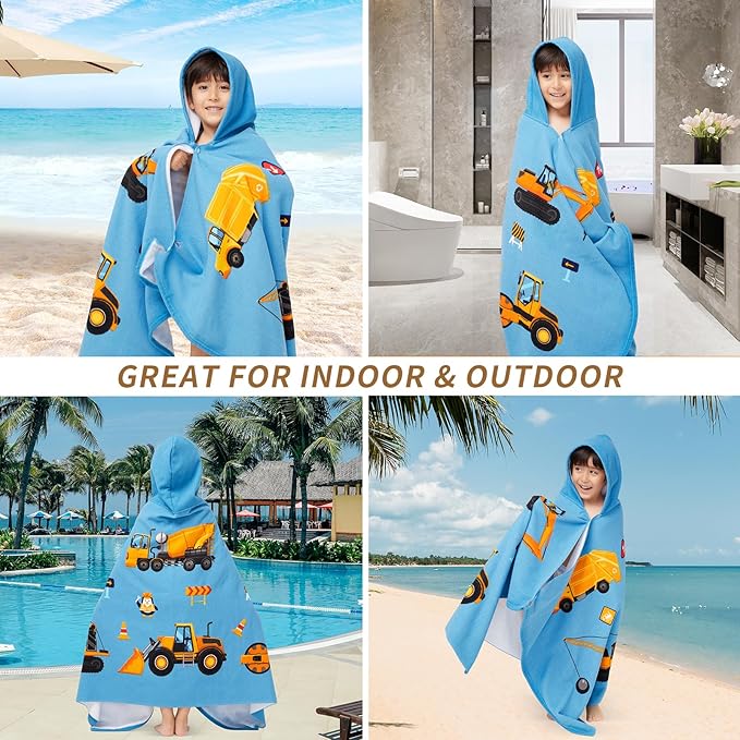 Hooded Towel for Toddlers 5-12 Years Boys Girls Kids Bath Pool Beach Towel Wrap Extra Large Soft Absorbent Beach Poncho(Construction site XL)