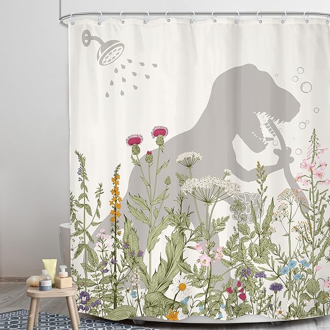 LGhtyro Dinosaur Wildflower Kids Shower Curtain Bathroom Set 60Wx71H Inches Funny Dino Silhouette Floral Rustic Plant Leaves Botanical Bath Accessories for Boys Art Home Decor Fabric 12 Pack Hooks