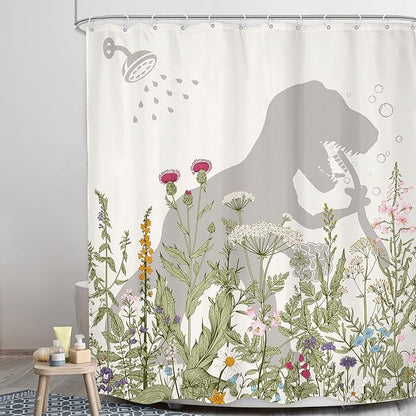 LGhtyro Dinosaur Wildflower Kids Shower Curtain Bathroom Set 60Wx71H Inches Funny Dino Silhouette Floral Rustic Plant Leaves Botanical Bath Accessories for Boys Art Home Decor Fabric 12 Pack Hooks