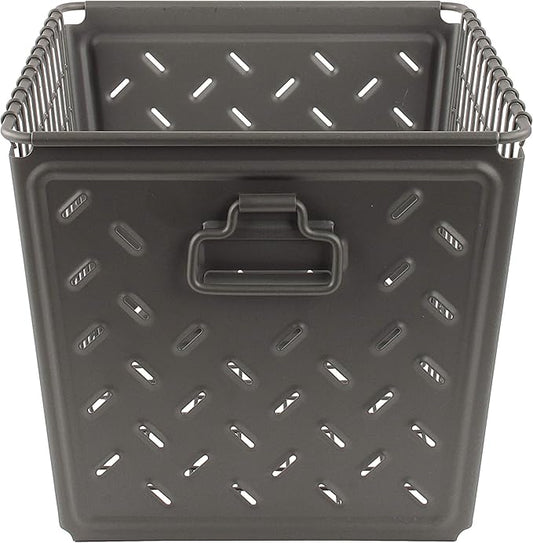Spectrum Diversified Macklin, Stamped Steel & Wire Basket for Closet & Cubby Storage Vintage-Inspired Design with Customizable Label Plate, Medium, Industrial Gray, 1 Count (Pack of 1)