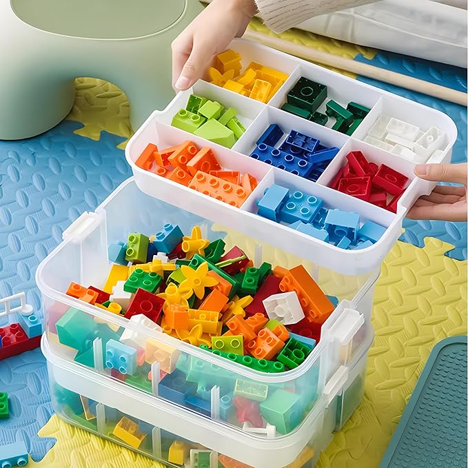 Clear Toy Storage Bins with Lid for Lego, Stackable Toy Organizers Box for Boys and Girls, Plastic Storage Container with Dividers Removable Tray for Bead, Tool, Sewing-Toy Blocks not Included