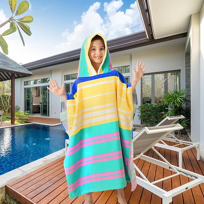 VOOVA & MOVAS Hooded Beach Towels for Kids, Oversized (6-12Years) Made from 100% Soft Cotton,Perfect for Swimming | Bathing | Beach | Birthday Gifts, Colorful Stripe