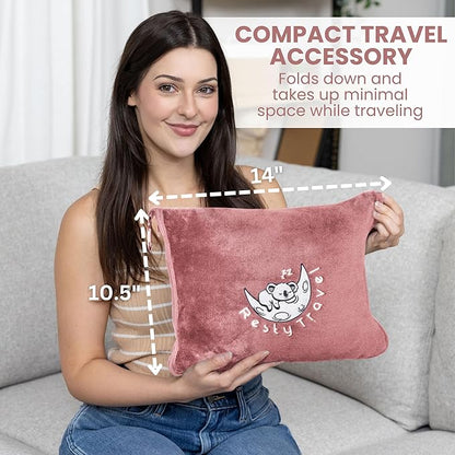 Resty Travel Blanket - Compact Airplane Blanket with Bag - Small and Lightweight Traveling Blanket & Pillow - Portable Blankets with Carabiner for Easy Transport - Plane Train Car (Pink)