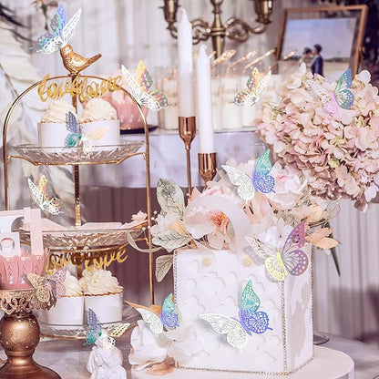 SAOROPEB 3D Butterfly Wall Decor 48 Pcs 4 Styles 3 Sizes, Butterfly Birthday Decorations Butterfly Party Decorations Cake Decorations, Removable Stickers (Laser)