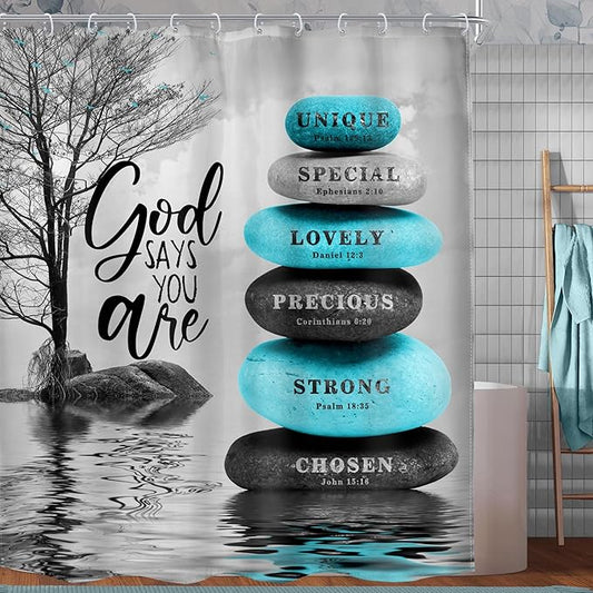 MESHELLY Zen Stone Bible Verse Shower Curtain 60Wx72H Teal Blue Spa Relaxing Meditation Massage Quotes Bathroom Curtain Black Tree Inspirational Bath Curtain Gray Bathroom Decor Fabric with 12 Hooks