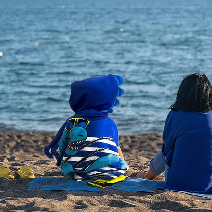 Hooded Kids Beach Towels - Toddler Bath Towel Girls Boys Swim Cover-ups for Ages 4 to 10 Kids Pool Towels Quick Dry Lightweight Soft Microfiber Poncho 30x30 with Bag (Navy Dinosaur)
