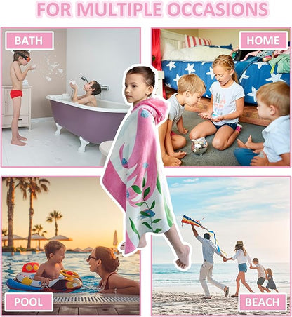 Kids Bath Towel Hooded - Cotton Kids Beach Towel 30"x50" for Ages 3 to 10, Toddler Towels with Hood Snaps, Soft Terry Poncho Towel as Pool Swim Cover Ups for Girls Boys (Mermaid Pink)