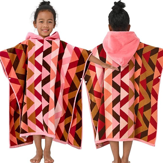 VOOVA & MOVAS Kids Towels Poncho with Hood (4-8Years) - Thick 500GSM,Soft, Absorbent, 100% Cotton Swim Towel, Perfect for Bathroom | Pool | Swim, Jacquard,Red