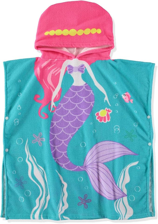 Boys and Girls Absorbent Hooded Beach Towel Pullover Character Microfiber Bath Towel with Side Snaps (Mermaid, 4-5)