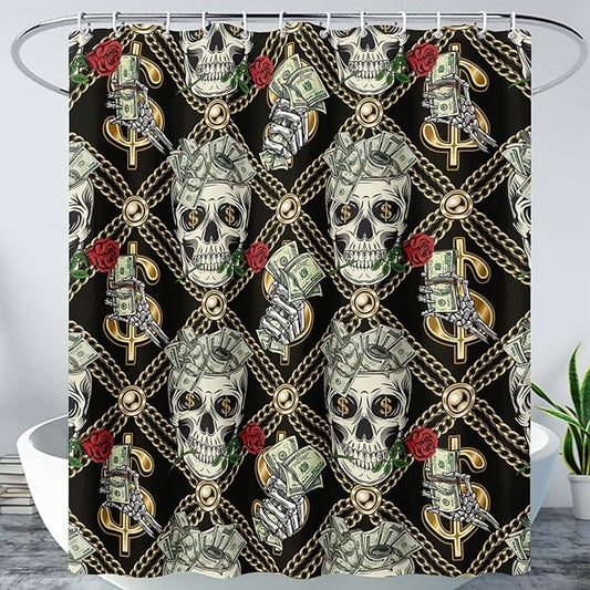 AILONEN Skull Shower Curtain for Boys,Gold Money Skeleton Bath Curtain for Decor,Luxurious Skull Print Shower Curtain with 12 Plastic Hooks,Waterproof 72" W*78" H