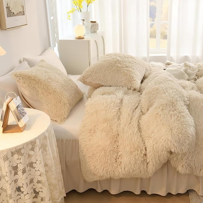 Litanika Beige Plush Comforter King Size, Luxury Fluffy Fuzzy Bedding Set for King Bed, Ultra Soft Velvet Shaggy Comforter 3 Pieces(1 Faux Fur Comforter 104×90 Inch, 2 Pillowcases)