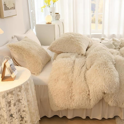 Litanika Beige Plush Comforter King Size, Luxury Fluffy Fuzzy Bedding Set for King Bed, Ultra Soft Velvet Shaggy Comforter 3 Pieces(1 Faux Fur Comforter 104×90 Inch, 2 Pillowcases)