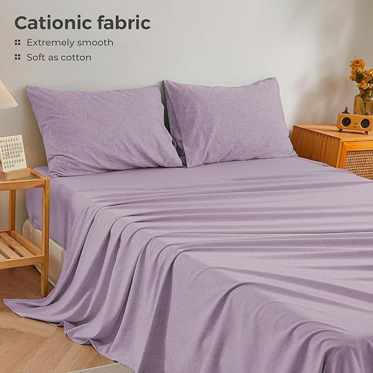 Queen Sheets Purple, Ultral Soft Cationic Linen Look Sheets, Luxury Cooling Cozy Bed Sheet Set with Non-Slip Fitted Sheet