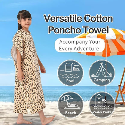VOOVA & MOVAS Changing Towels Robe for 8-14 Girl Teens,100% Cotton Poncho Towel, Large Absorbent Hooded Towel Dress for Pool | Beach | Bath | Swim, Leopard Print